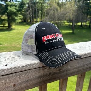 Black and White Trucker Hat with Red Logo